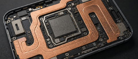 Close-up of a smartphone chassis with visible internal cooling components and thermal gradients