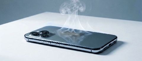 A smartphone back panel showing heat distortion waves against a cool blue background