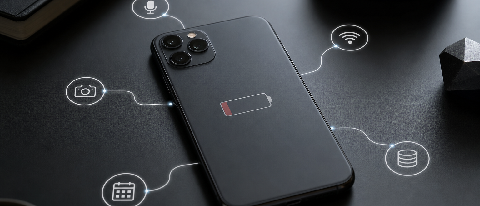 Editorial illustration of a smartphone resting on a desk with a fading battery indicator, surrounded by small abstract icons representing microphones, cameras, 