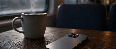 A sleek smartphone resting on a wooden desk next to a steaming cup of coffee in a dimly lit subway car