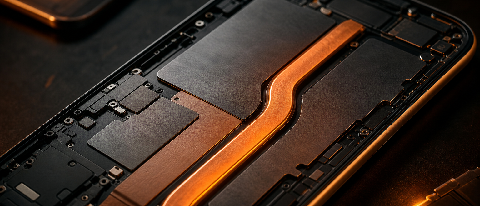 Close-up editorial shot of a smartphone chassis with visible cooling components and thermal visualization