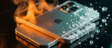 A conceptual editorial shot of a smartphone showing a contrast between glowing heat and crystalline frost.