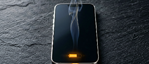 Close-up of a smartphone showing thermal stress and battery depletion