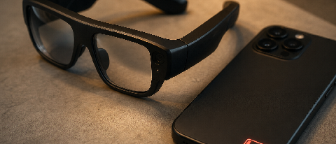 A close-up of sleek smart glasses resting on a textured surface next to a smartphone displaying a low battery icon, emphasizing power consumption.