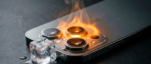 Thermal-vision style close-up of a smartphone camera lens glowing with heat, a small ice cube melting beside it.