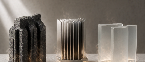 A conceptual editorial image showing three distinct, abstract geometric structures representing different chips, balanced on a scale against a backdrop of therm