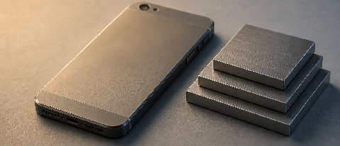 An older smartphone resting on a clean desk surface, next to neatly stacked metal blocks symbolizing compressed model weights.