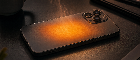 Smartphone back panel glowing with heat during long on-device AI inference.