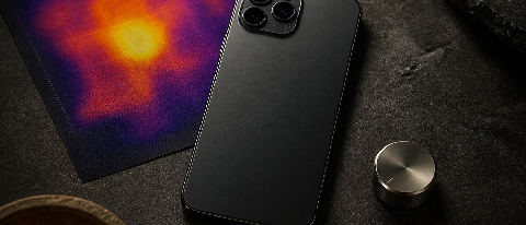 Smartphone on a textured stone slab under a spotlight, partially over an infrared grid, with a small flame and a tactile heat gauge indicating thermal trade-off