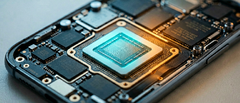 A close-up editorial shot of a smartphone motherboard with thermal imaging overlays, highlighting the balance between processing power and heat management.