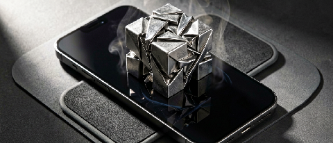 A smartphone on a heat-dissipating surface, with a dense, compressed metallic cube emerging from it, symbolizing a large AI model being packed into a mobile dev
