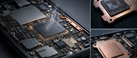 A smartphone chassis with internal components exposed, showing thermal stress and circuitry
