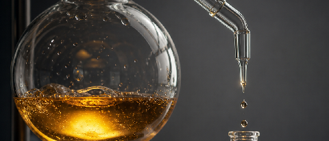 A conceptual editorial photo of a glass distillation setup refining a luminous liquid into a small vial.