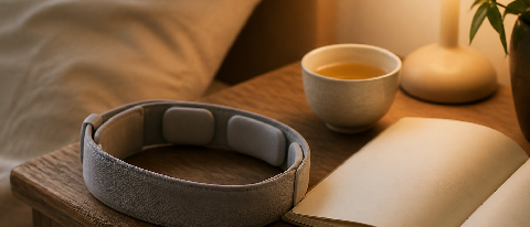 An EEG-style soft headband resting on a wooden bedside table beside a notebook and a small lamp, suggesting gentle at-home attention rather than clinical or spe