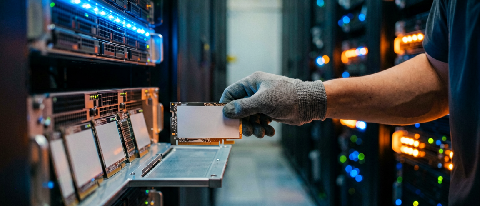A technician inserting a blank GPU card into a server rack in a data center with blue and orange lighting, representing the pivot to domestic AI chips.