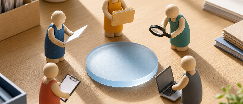 A row of small specialized figurine workers collaborating at a shared workstation around a glowing blue clipboard.