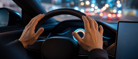 Driver's hands hovering over steering wheel during autonomous handover