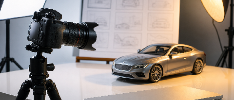 Studio setup for car ad production with camera and controlled lighting.