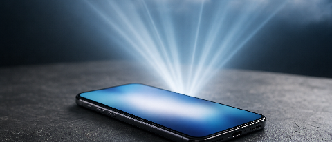 A split composition showing a smartphone screen with blurred interface elements on one side and a clean, abstract representation of data flow on the other.