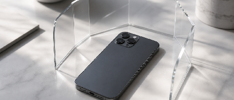 A sleek smartphone encased in a transparent protective shield on a minimalist desk