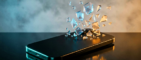 A sleek smartphone silhouette split between a solid base and dissolving digital particles, symbolizing hardware limits and cloud dependency.