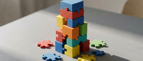 A precarious stack of mixed puzzle pieces on a desk