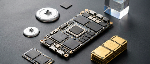 A conceptual editorial still life showing a smartphone chip surrounded by various physical elements representing memory, heat, and cloud connectivity.
