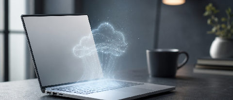A minimalist studio shot of a sleek laptop with a soft, abstract glow emanating from its screen, symbolizing cloud-based AI processing.