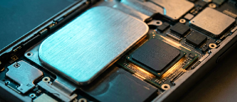 Close-up editorial shot of a sleek smartphone chassis with visible internal heat dissipation components