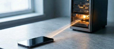 A split composition showing a sleek smartphone on one side and a distant server rack on the other, connected by a subtle light beam.