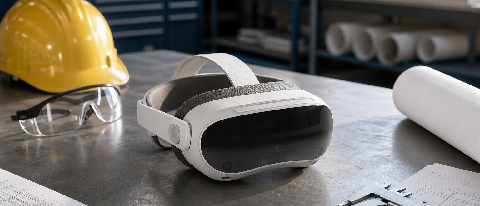 A futuristic VR headset resting on blueprints and safety gear on an industrial workbench.