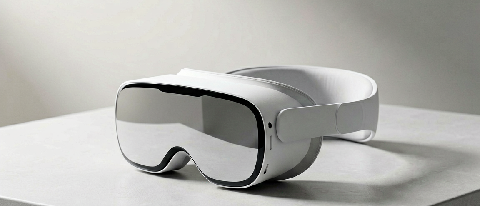 A minimalist editorial shot of a sleek, modern headset resting on a textured surface, bathed in soft, ambient light to symbolize advanced spatial computing and 