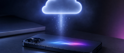 A smartphone on a desk displays abstract waveforms, with a glowing cloud silhouette above connected by a beam of light.