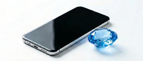 Minimalist silver smartphone next to a translucent blue gemstone on a white surface