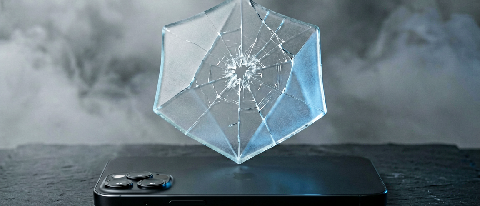 A conceptual editorial shot of a sleek smartphone resting on a dark surface, partially obscured by a translucent, fragmented geometric shield, symbolizing the t