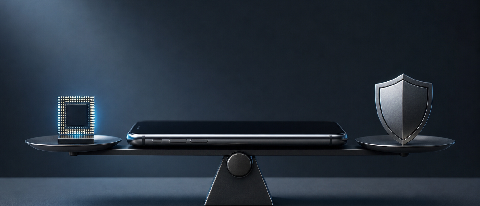 A smartphone on a scale, balancing a glowing chip and a privacy shield.