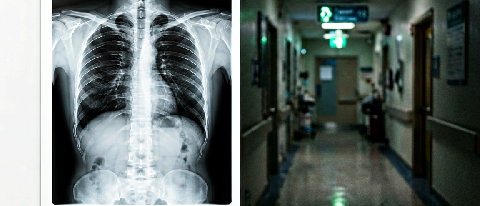 A split composition showing a pristine medical X-ray on one side and a chaotic, shadowed real-world scene on the other, symbolizing the disconnect between ideal