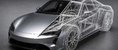 A conceptual image of a car transitioning from a realistic render to a 3D wireframe structure.