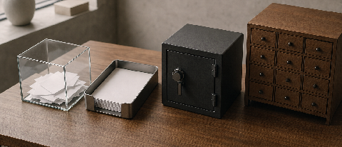 Modern desk with four storage containers symbolizing different memory types for an AI agent.