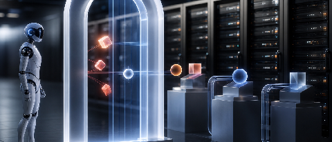 A glowing API gateway checkpoint intercepting unauthorized procurement requests before they reach enterprise systems.