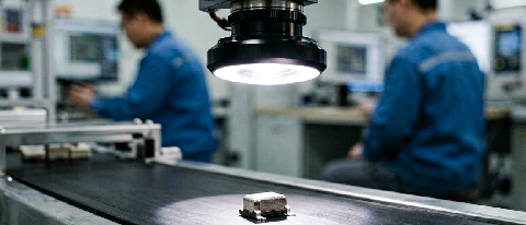 Close-up of a small MLCC capacitor under inspection by a camera on a production line, with a blurry operator in the background.