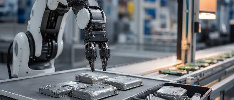 Humanoid robot arm pausing at a workstation with a slightly bent metal casing