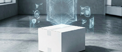 A stylized digital shield protecting a stack of international shipping boxes, featuring subtle geometric watermark patterns, set against a blurred background of