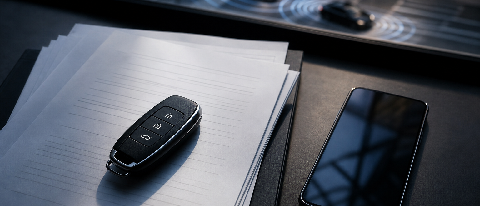 A split composition showing a driver's hand on a steering wheel transitioning into digital code, with a blurred background of a city road, symbolizing the shift