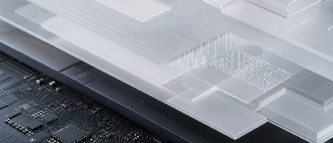 A conceptual editorial image showing a complex, layered engineering blueprint or circuit board structure transitioning into a clean, modern automotive sensor ar
