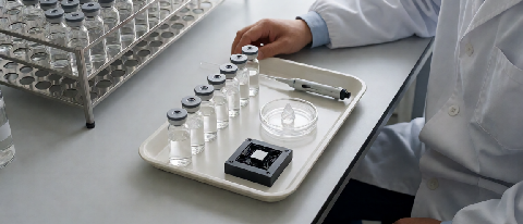 A small set of crystallization vials and one clear crystal on a lab bench, with a large unused sample rack receding into shadow.