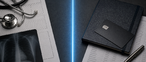 A symbolic editorial still life of a medical document and a financial ledger separated by a glowing boundary line, representing data privacy and compliance in A