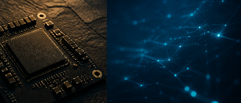 A split composition showing robust industrial hardware versus abstract digital flux