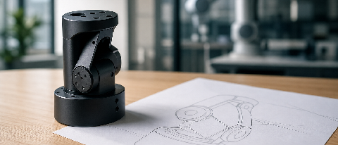 A detailed architectural blueprint of a robotic arm overlaid on a clean industrial workspace