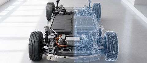 A modern car chassis transitioning from physical metal to a digital wireframe in a white studio.